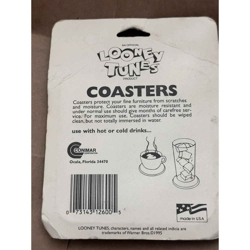 Vintage 1995 Looney Tunes Wile E Coyote Coasters Set of 4 Deco Plastic Conimar